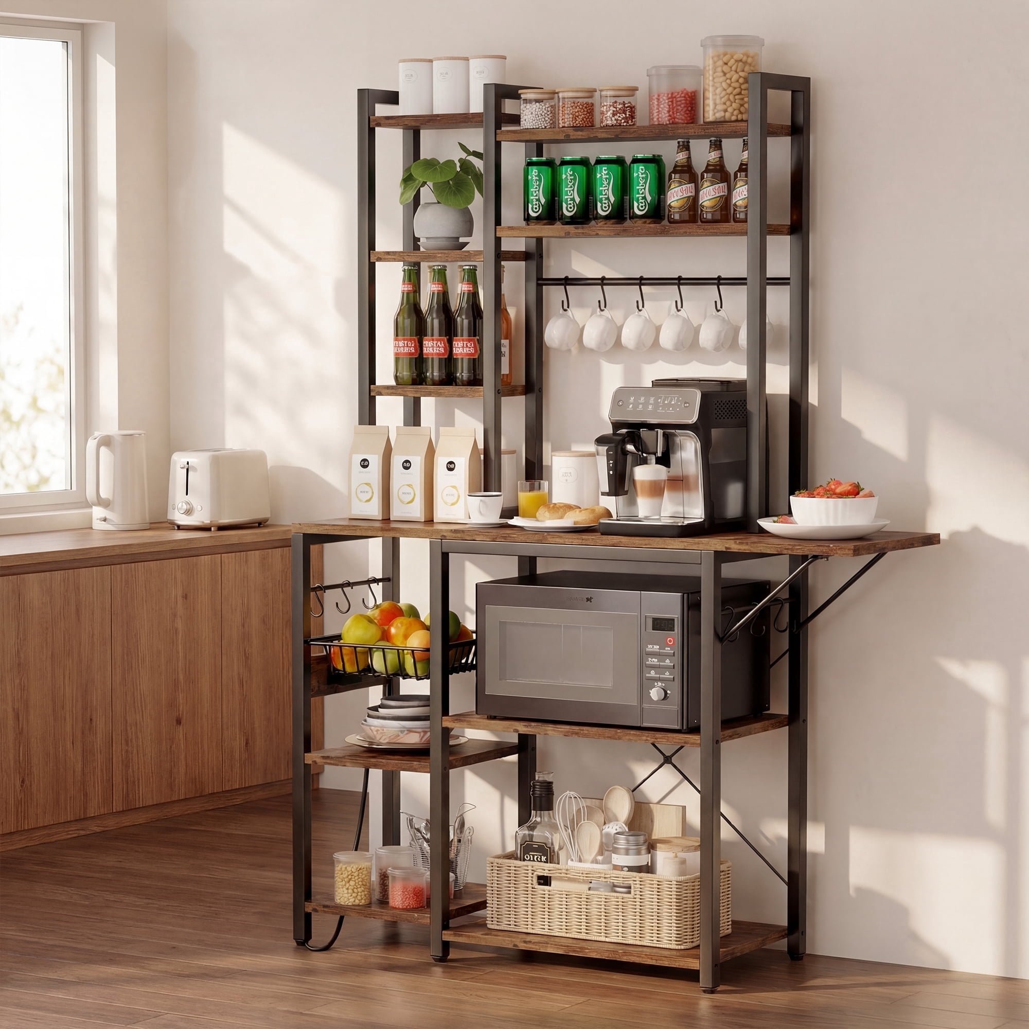 Keenstone Kitchen Bakers Rack Desktop Extension with 3 Power Outlets, Microwave Oven Stand with 14 S-shaped Hooks ,Coffee Bar Table 10 Tiers with Wire Basket,Rustic Brown