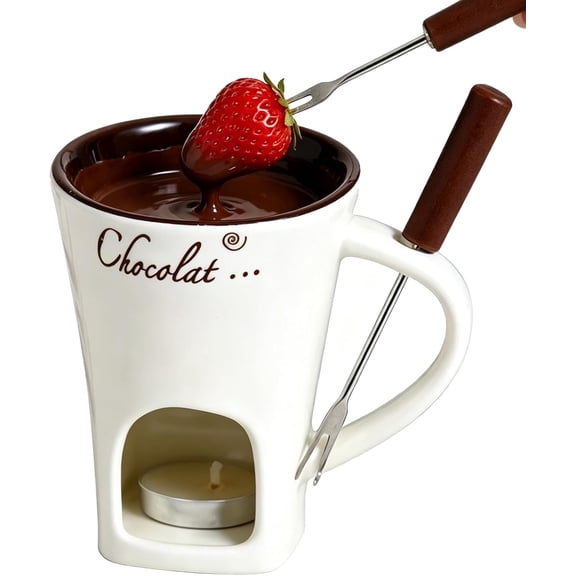 Ceramic Chocolate Fondue Melting Cup with Fork, White
