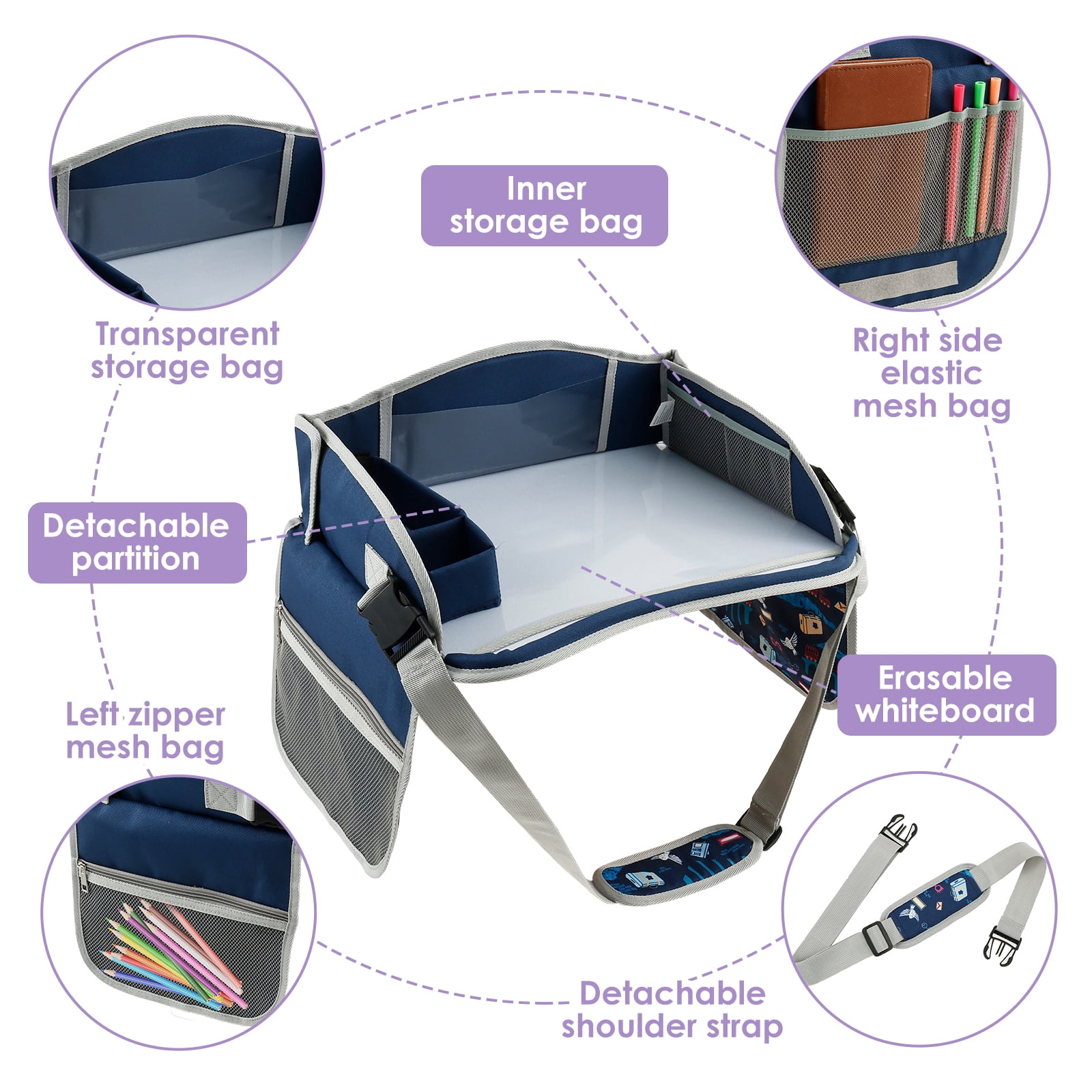 Carseat Table Tray for Kids Polyester Made Portable Drawing Board with Padded Shoulder Strap for Road Trip Activities