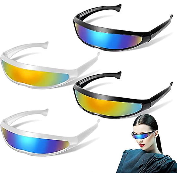 4 bolsas de gafas futuristas (blancas y negras) Gafas de sol estrechas con forma de cíclope, montura blanca y negra, lentes de espejo, gafas para disfraces de rol, fiestas geniales