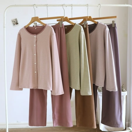 QLEICOM Fall Pajamas Women Lounge Sets for Women Women s Striped Pajama Set with Open Front Cardigan and Round Neck for Comfortable Long Sleeve Two-Piece Soft Fabric Fashion for Lounge and Sleep Wear