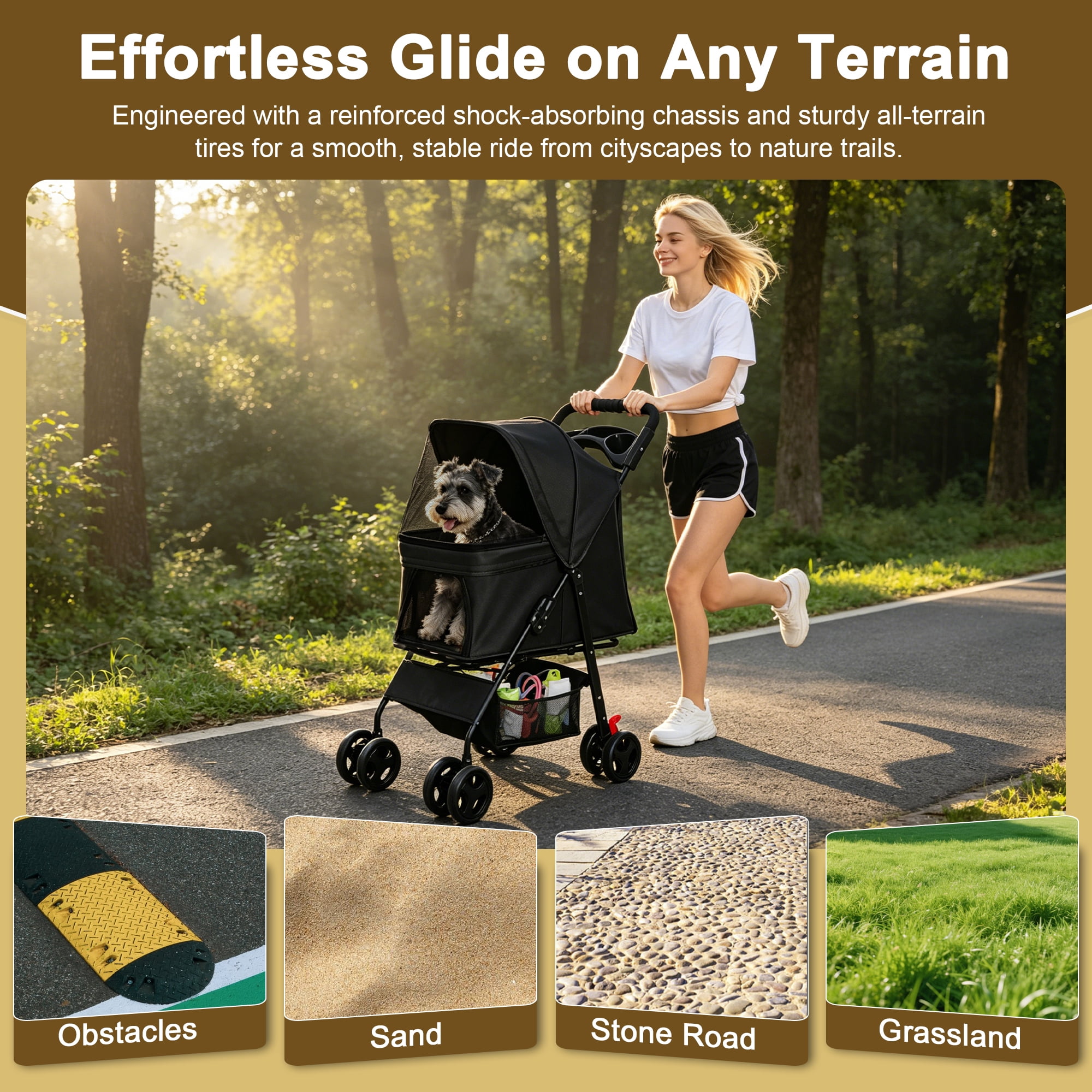 Foldable 4 Wheels Pet Stroller for Small Dogs and Cats, Pet Rolling Carrier with Storage Basket & Breathable Mesh