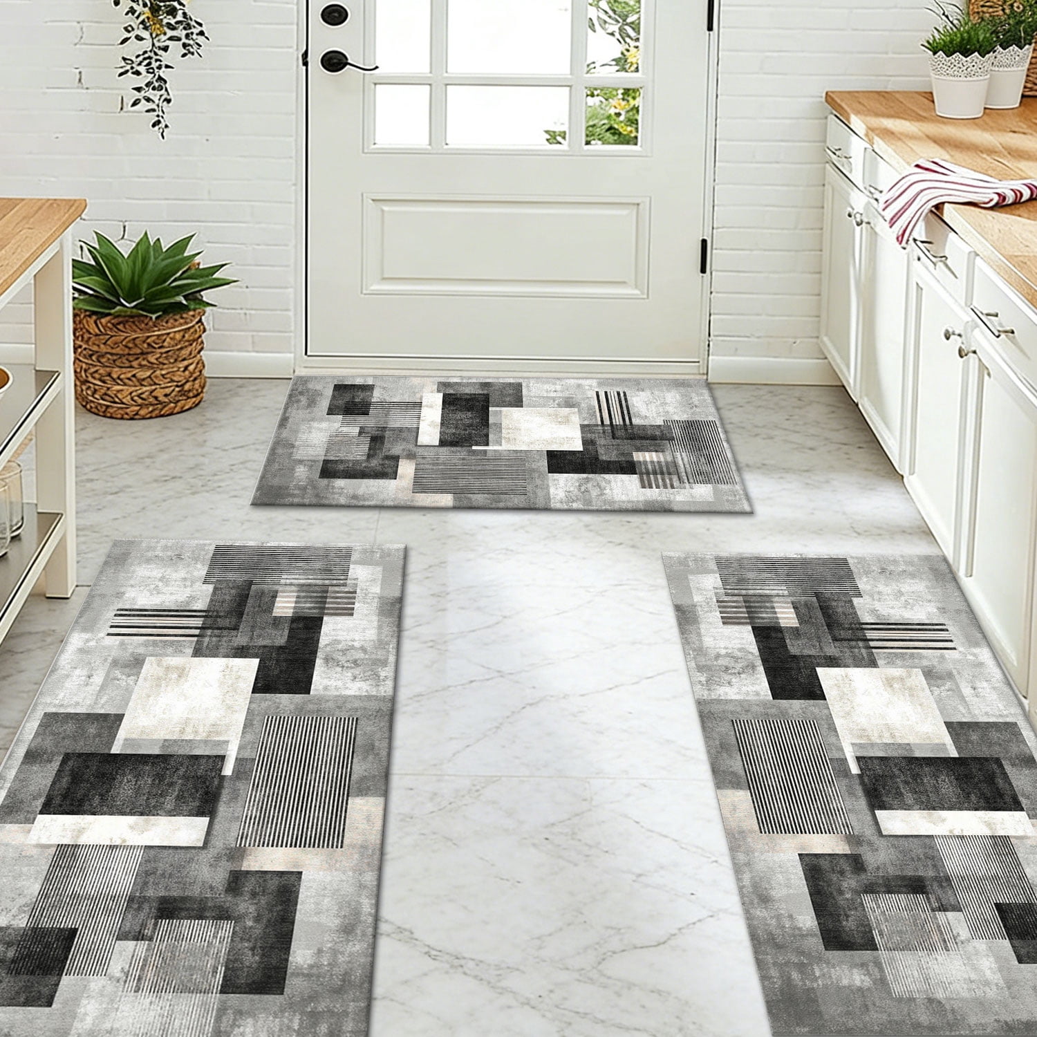 3 Piece Kitchen Rug Set, Non-Slip And Washable, Abstract Pattern Kitchen Hallway Rug, Soft And Comfortable, Suitable For Sinks, Floors, Entrances, Hallways and Bathrooms