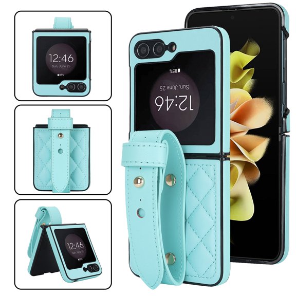 Decase for Samsung Z Flip 5 5G Phone Case with Adjustable Wrist Strap,Thin Slim Lightweight Shockproof Hard Shell PU Leather Rugged Protective Samsung Galaxy Z Flip 5 Case for Women Girls,Green