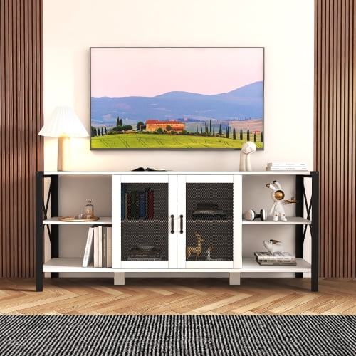 Industrial TV Stand for 80 Inch TV Modern Farmhouse Entertainment Center with Open Shelves White Wood and Metal
