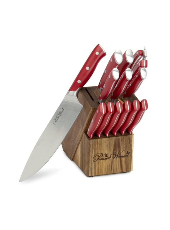 The Pioneer Woman Pioneer Signature 14-Piece Stainless Steel Knife Block Set, Red