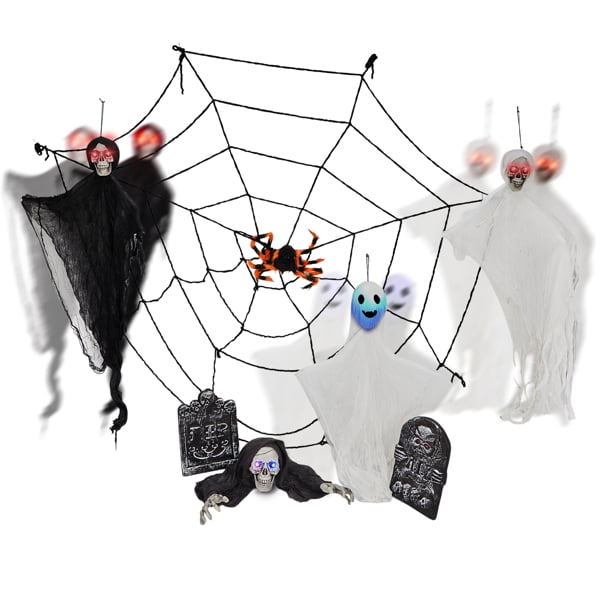 8-Piece Outdoor Halloween Decoration Set, 3 Swinging Ghosts (LED Eyes) + 2 Gravestones + Crawling Skeleton + 5.9ft Cobweb, Indoor/Outdoor Use