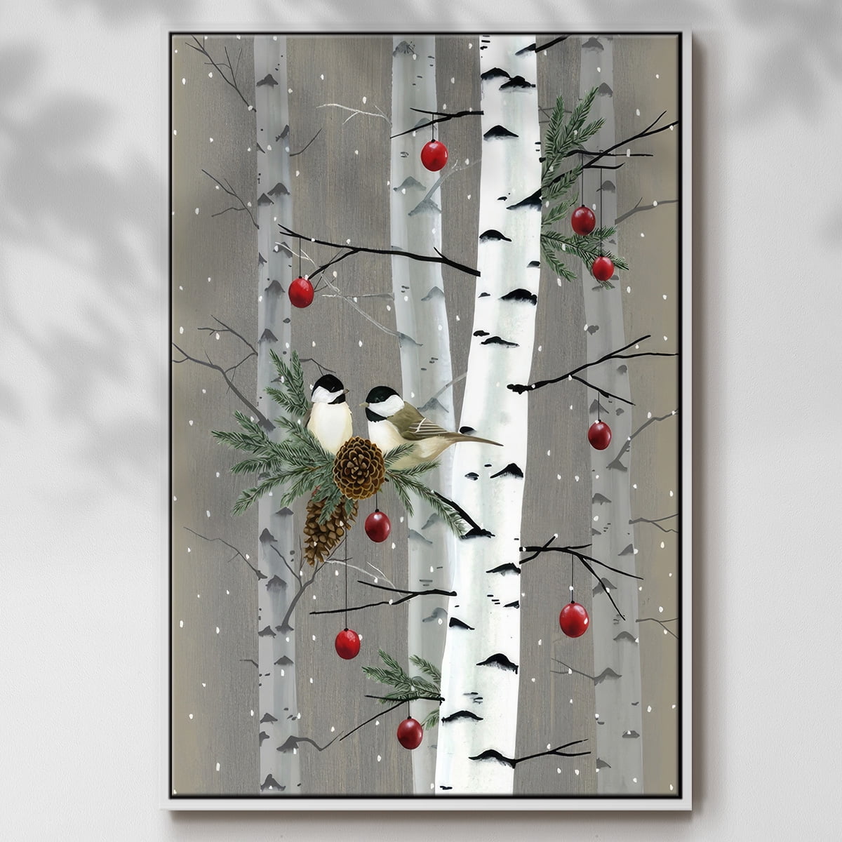 Birch Birds II - Framed Gallery Wrapped Holiday Canvas - 17 x 25 - White Frame