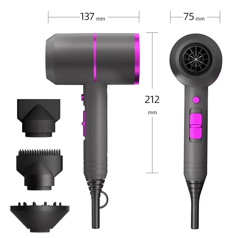 Hair Dryer Portable Electric Blow Dryer Professional Ionic HairDryer Low Noise with 2 Concentrator Nozzle 1 Diffuser Attachments,Travel Hair Dryer, Lightweight Travel (Gray/Rose Red)