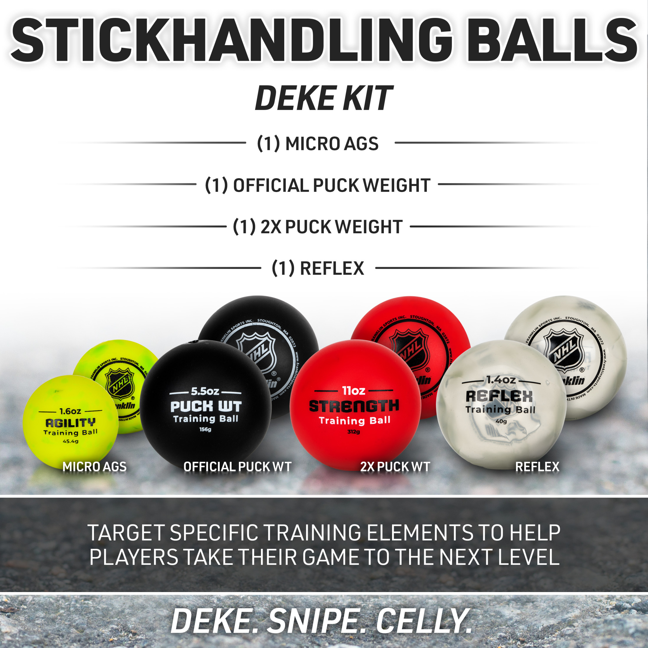 Franklin Sports NHL Hockey Stick Handling Balls - (4) Hockey Training Aid Balls for Stick Handling + Hands Practice - On + Off Ice Hockey Training Balls - Weighted + Mini Balls for Speed Training