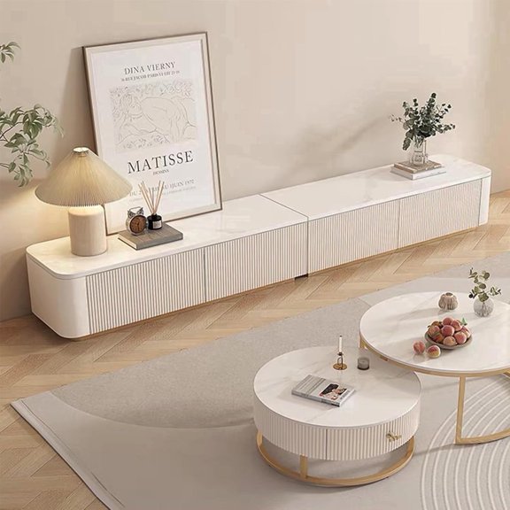 Modern TV Stand for Living Room, 94.5 Inch Large Stone Top TV Entertainment Center with Storage, White TV Console 4 Drawers TV Stand for 75  Inch TV, Fully Assembled