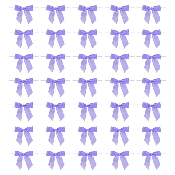 50Pcs Twist Tie Bow 3.5"  Pre-Tie Gift Bows Mini Fabric Satin Ribbon for Treat Bags Craft DIY Flower Sewing Wedding Birthday Party (Light Purple)
