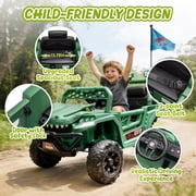 12V Ride On Cars for Kids, Kids Ride on Toys with Remote Control, Dinosaur Kids UTV Cars, 4 Wheel Suspension Electric Vehicle with Bluetooth, Music, LED, Ideal Gift for Boys Girls 2-4, Green