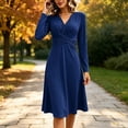 thumbnail image 4 of Ashirexll Long Sleeve Dress for Women A-Line Wrap Style Long Sleeve V-Neck Solid Color Dress with Cross Over Waist, 4 of 7