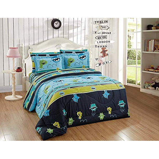 Luxury Home Collection Kids Toddlers Boys 7 Piece Full Size Comforter Bedding Set Bed In A Bag With Sheets Multicolor Monsters Blue Green Yellow Com Size Comforter Bedding Set, Full Size Bedding For Toddler Boy