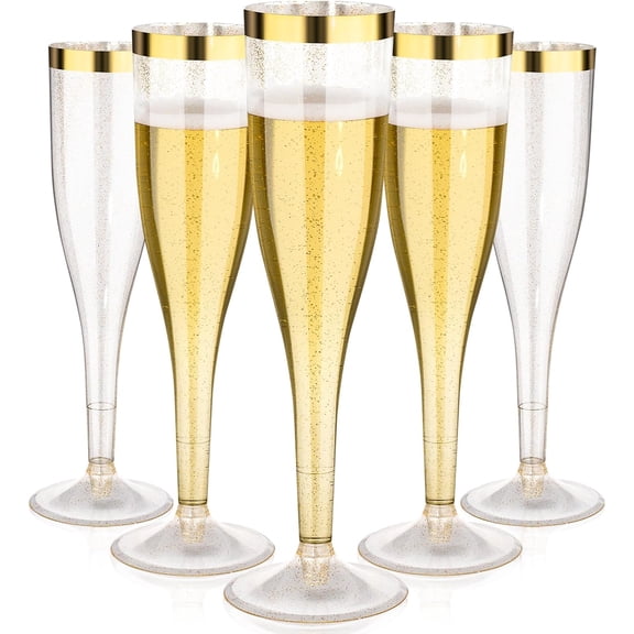 Goodluck 36 Pack 6.5 oz Plastic Gold Glitter Champagne Flutes with Gold Rim, Disposable Champagne Toasting Glasses for Wedding, Engagement, Party, Mimosa Bar