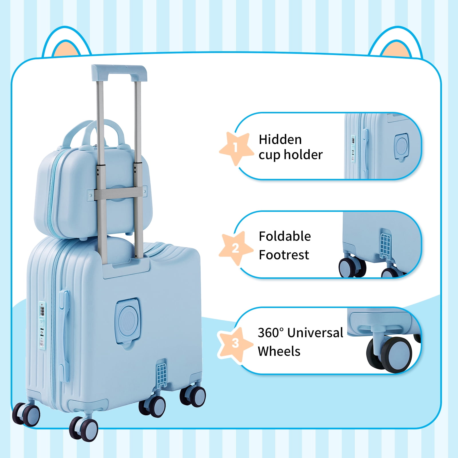 TABU Ride on Luggage with Handbag for Kids , Hardshell Carry on Suitcase with 6-Wheels,Hidden Cup Holder,Foldable Pedal,Blue