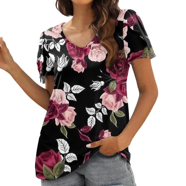 Camiseta de verano para mujer, colección con estampado de cuello en V, manga corta, blusas, camisetas Pompotops hkajfhjk467982