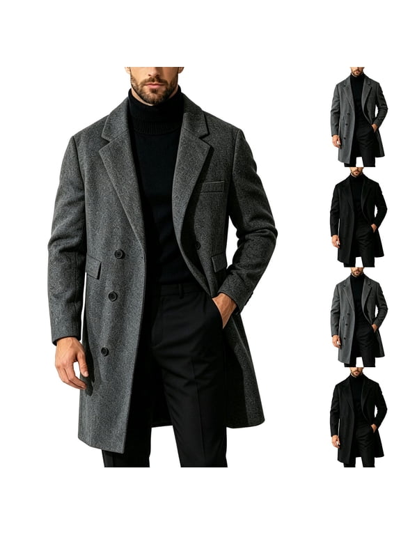 Mens Trench Coat Lapel Collar Button Down Business Formal Casual Suit Jacket Winter Long Pea Coat Overcoat with Pockets M-5XL