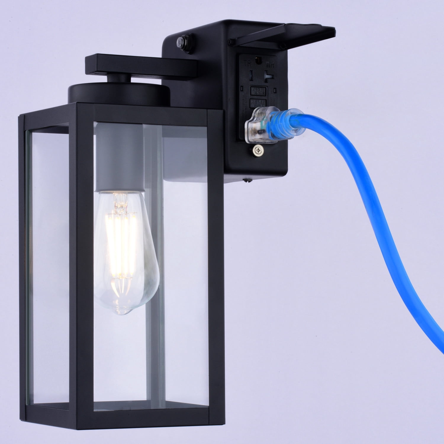 Lombard 1 Light Dusk to Dawn Black Contemporary Outdoor Wall Lantern with Integrated GFCI Outlet