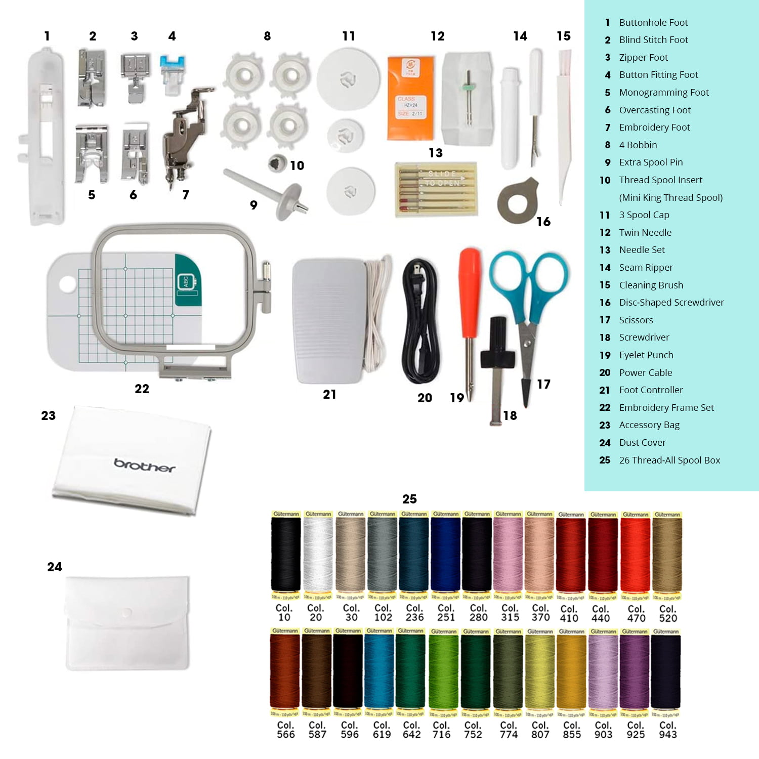 Sewing Starter Kit - Brother XR9550 Computerized Sewing Machine, LCD Screen  + 26 Gutermann Sewing Thread 100m Spools