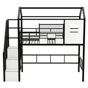 Euroco Twin Loft Bed with Cabinet, Solid Metal House Bed for Kids Teens, Black