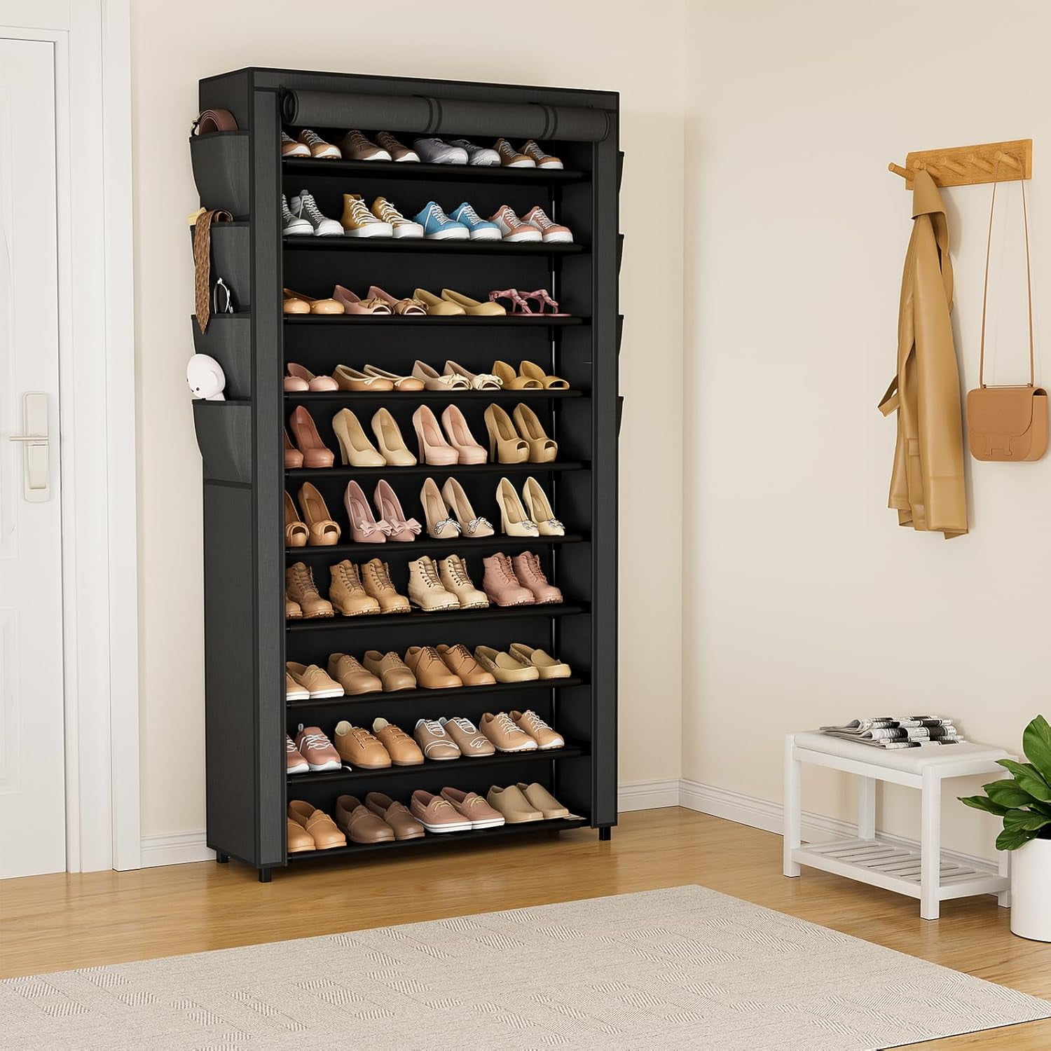 Tall Shoe Rack with Cover, 10 Tier Shoe Organizer Storage for 50-55 Pairs Shoes and Boots Large Capacity Shoe Shelf with 8 Pockets Free Standing Shoe Rack for Closet, Entryway, Garage