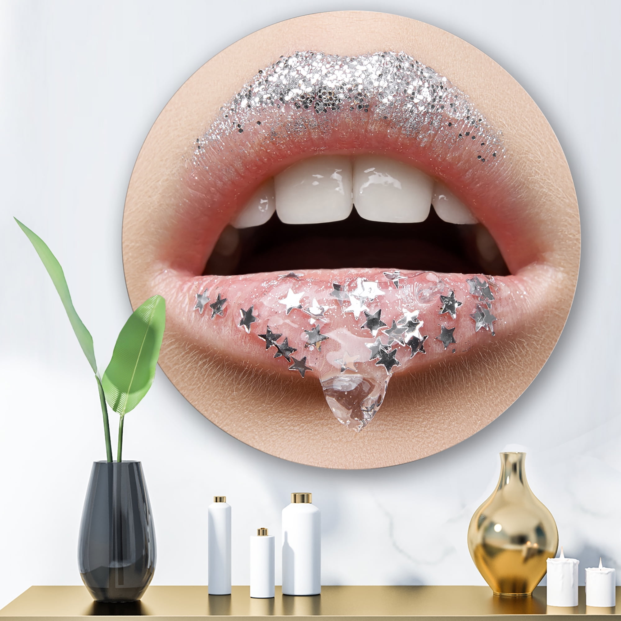 Designart 'Woman Lips With A Gel On The Lips & Stars' Modern Circle Metal Wall Art 23x23 - Disc of 23