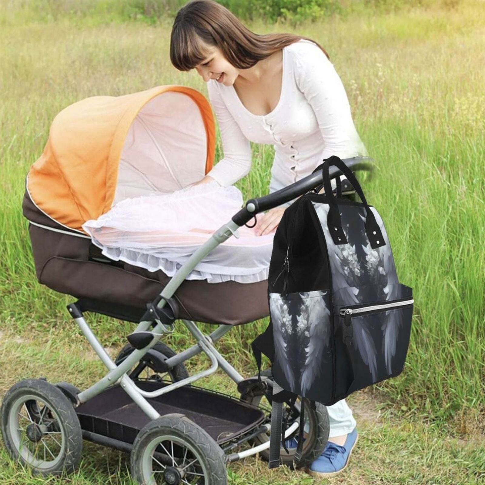 Ratiio Elegant Feathered Floral Wings Mummy Backpack - Waterproof Twill Canvas, Large Capacity Diaper Bag with Multiple Pockets and Adjustable Straps