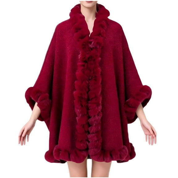 Miluxas Poncho Shawl Wrap Women Cape Irregular Faux Plush Trim Coat Cardigan Dressy Cloak Wine Free Size