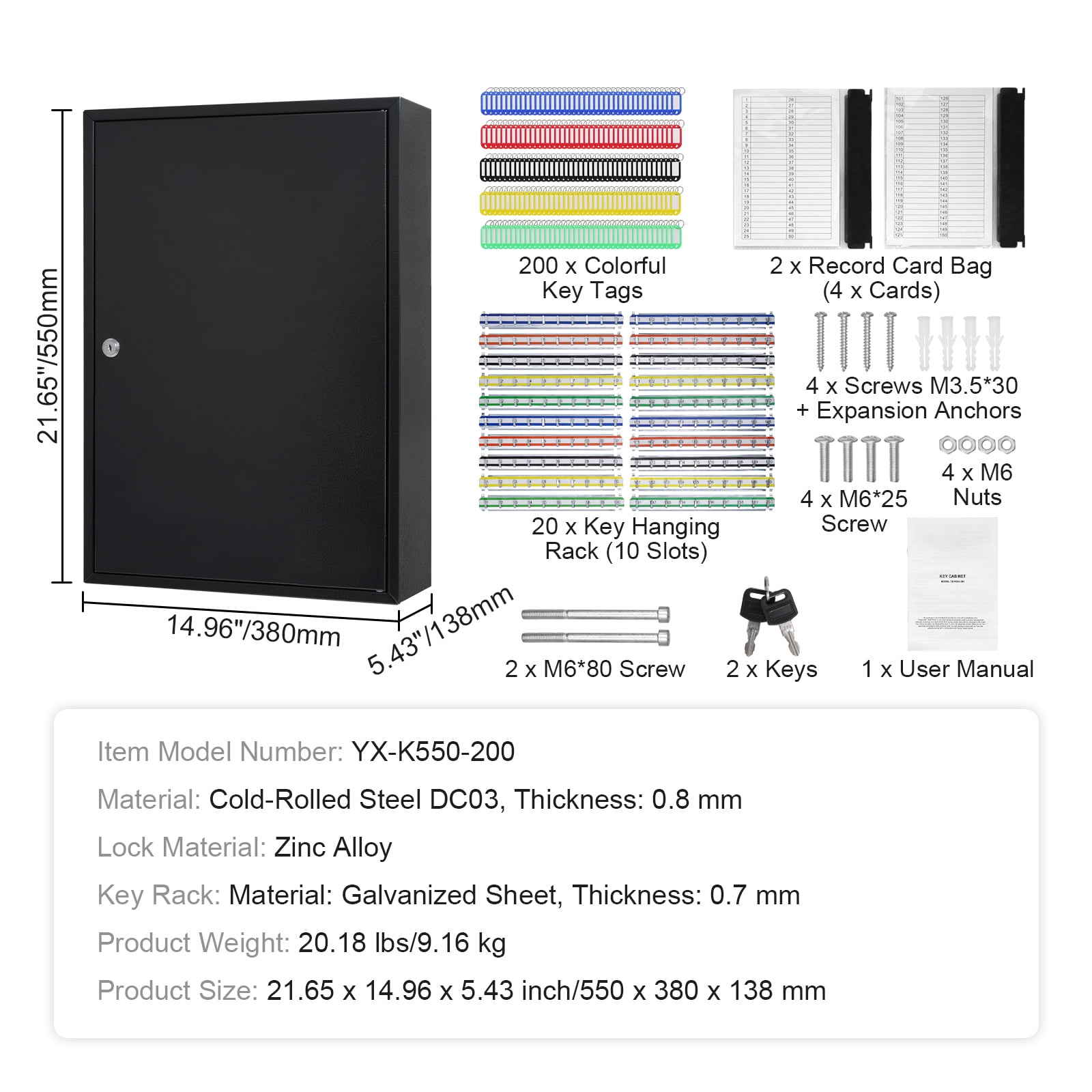 KFFKFF 200-Key Cabinet Key Lock Box with Adjustable Racks & Colorful Key Tags