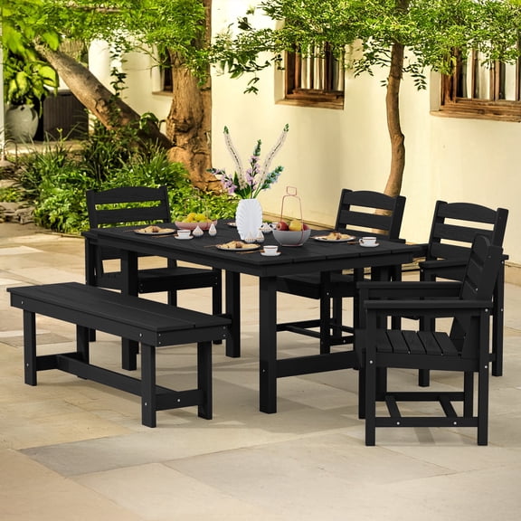 LOYALICE 6 Pieces Patio Furniture Set, HDPE Outdoor Dining Table Set with 1 Bench, 4 Chairs, Durable and Weather-Resistant for Patio, Garden and Balcony Use, Black