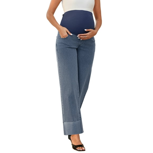 Women Maternity Jeans Denim Straight Leg Cuffed High Stretchy Over the Belly Pregnant Pants Work Casual M Retro Blue