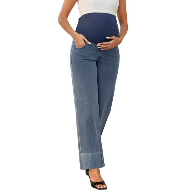 Jeans de maternidad INSPIRE CHIC para el Día de la Madre, de mezclilla, pierna recta, alta elasticidad, sobre la barriga, pantalones casuales en azul retro