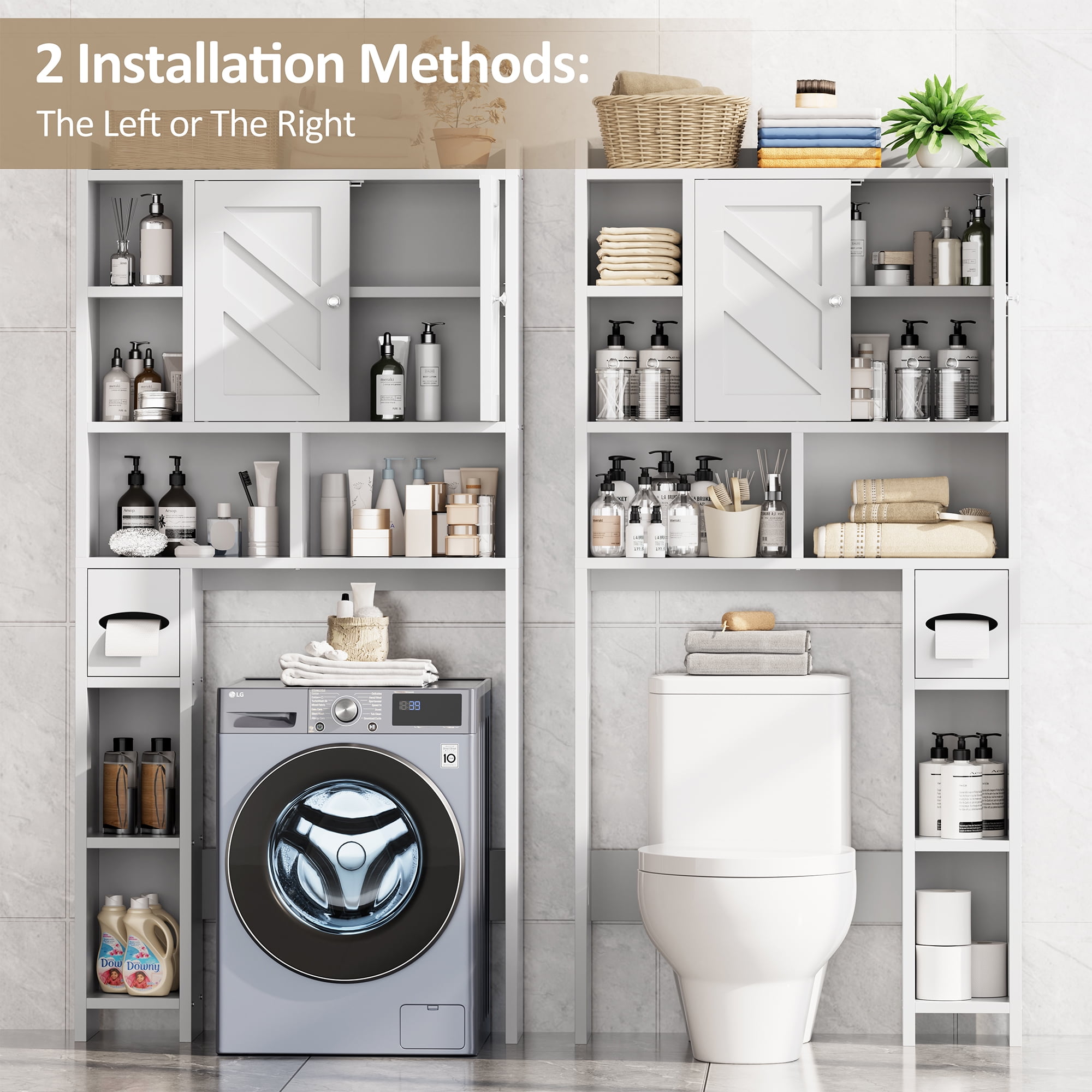 Walsunny Over the Toilet Storage Cabinets with Doors Side Shelves Toilet Paper Holder Stand Organizer Shelf Rack Space Saver above behind Toilet Freestanding for Bathroom Restroom Laundry White