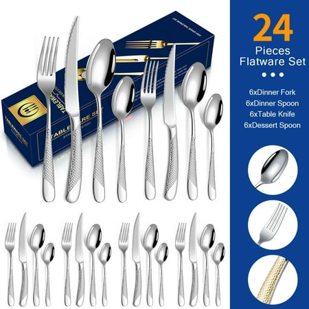 

24-Piece Hammered Silverware Set Gilded Stainless Steel Flatware Set for 6 Luxury Cutlery Sets with Forks Spoons and Knives Unique Gold Utensil Set for Home Mirror Polished & Dishwasher Safe