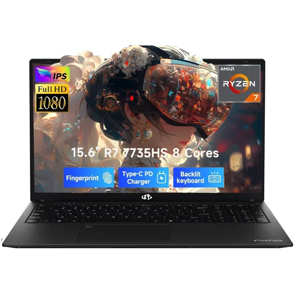 15.6" FHD IPS Gaming Laptop - AMD Ryzen 7 7735HS (8-Core) Computer with Radeon 680M , 16GB DDR5 RAM, 512GB SSD, Backlit Keyboard, ,100W Type-C ,Fingerprint
