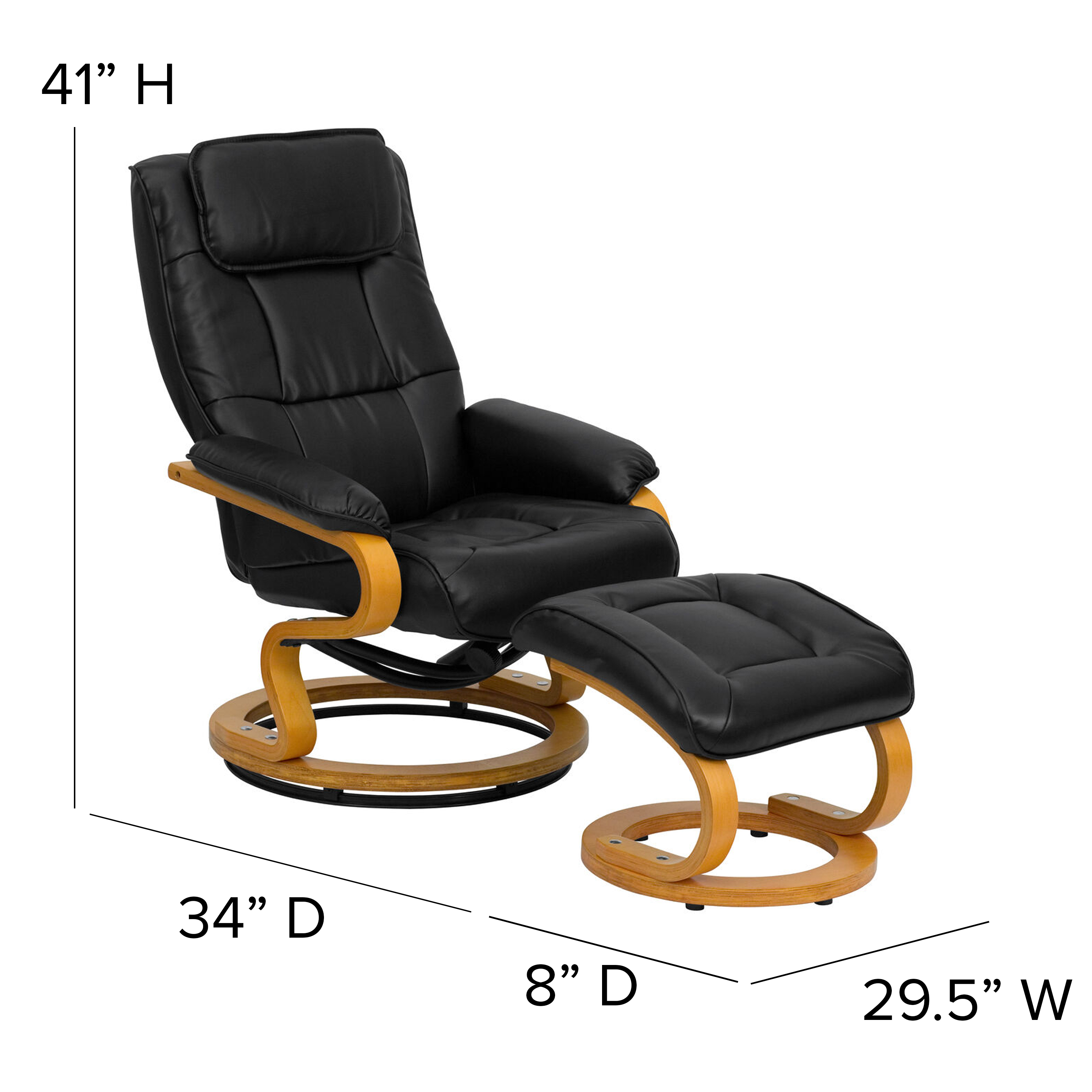 Flash Furniture Contemporary Adjustable Recliner and Ottoman with Swivel Maple Wood Base in Black LeatherSoft - image 3 of 11