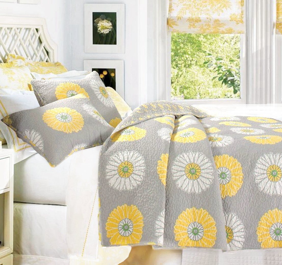 Cozy Line Brianna Floral Yellow/Gray Quilt Set, Twin Set