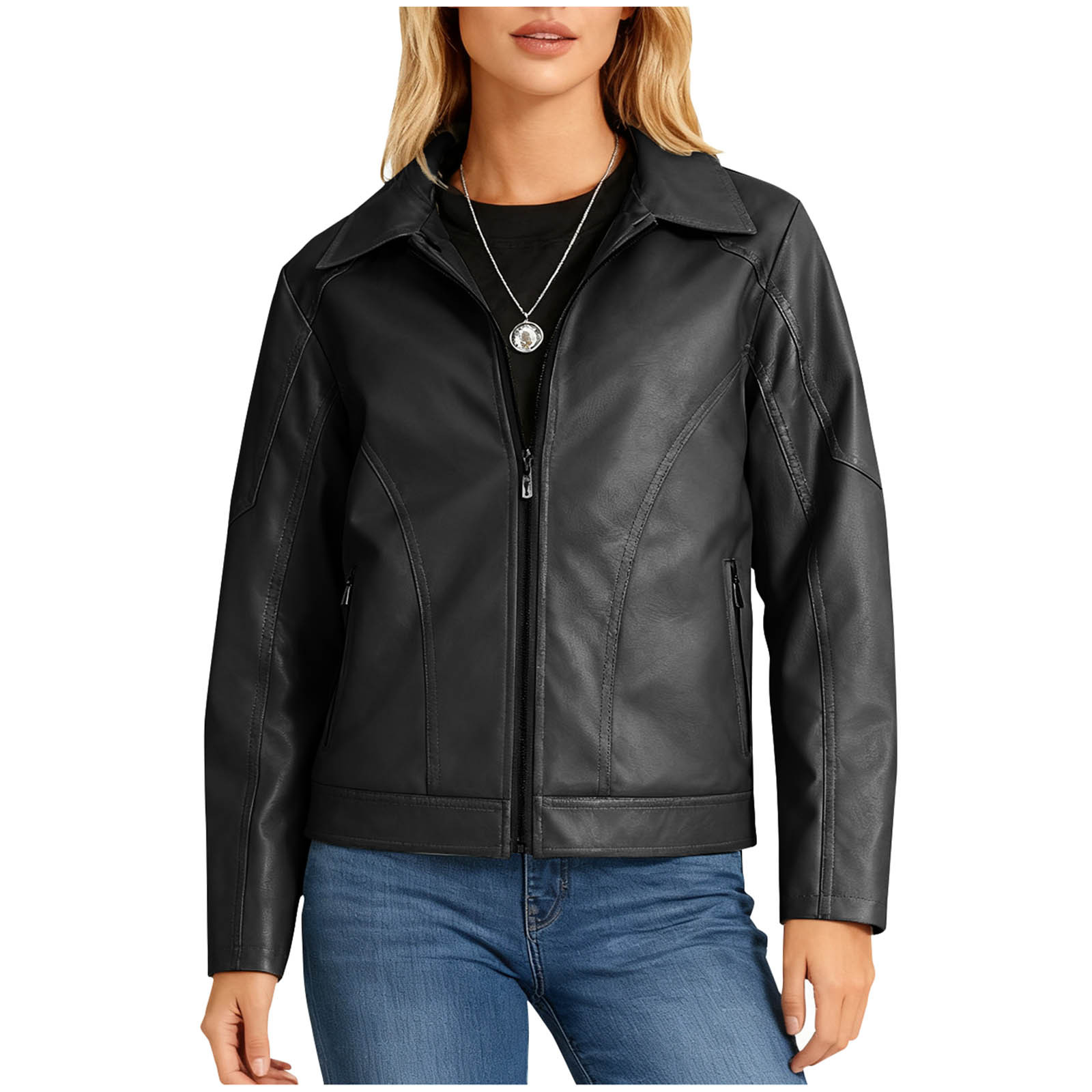 Uootdi Cropped Leather Jacket for Women Vintage Style Motorcycle Bomber Jacket Faux Leather Lapel Neck Zip Up Long Sleeve Coats Fall Going Out Jackets