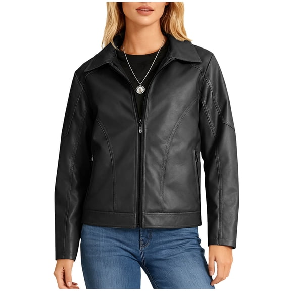 SwiftWear Women's Faux Leather Moto Bomber Jacket Vintage Zip Up Coat Waterproof Windproof Casual Outerwear​​, Black