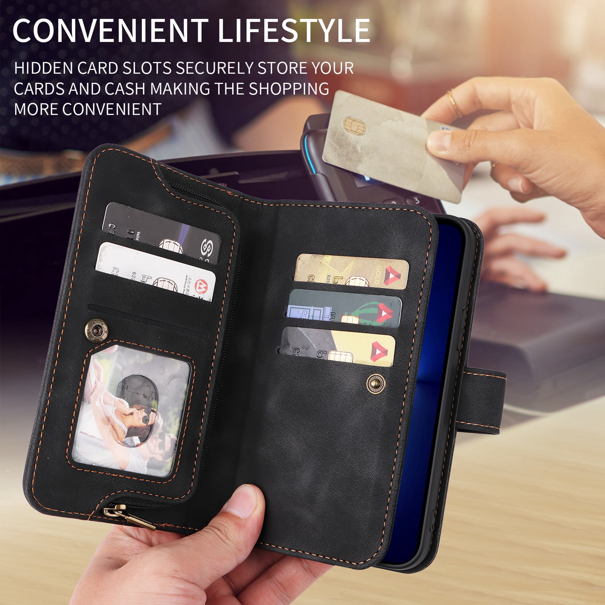 Dteck for Apple iPhone 14 Pro 6.1 inch Wallet Case for Women Men, Sturdy PU Leather Case Magnetic Flip Zipper 7 Cards Holder Wristlet & Shoulder Strap Kickstand Phone Case, Black
