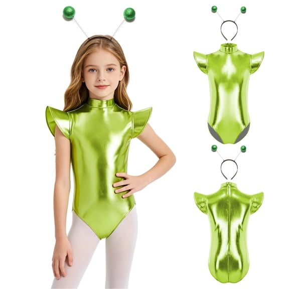 iiniim Girls Space Alien Shiny Metallic Bodysuit with Hair Hoop Set Fly Sleeve Dancewear Fluorescent Green 16