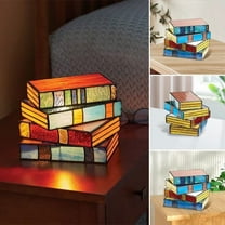 Summer Stained Glass Book Lamp,Stacked Book Lamp Decor for Table,Stacked Books Glass Lamp,Handcrafted Glass Nightstand Desk Book Lamps,Reading Nook Lighting Vintage Table Lamp Home Decor