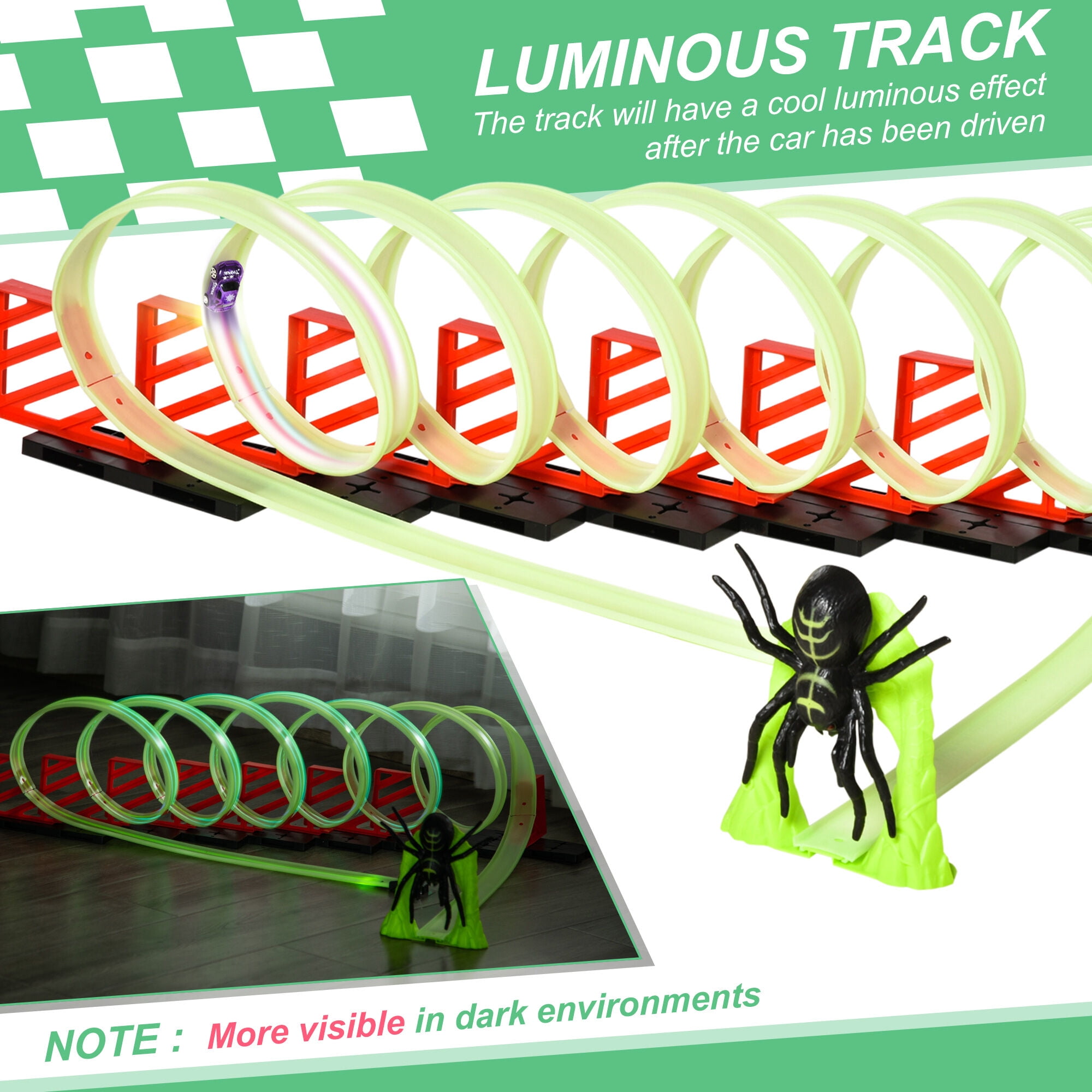 Track Builder Diy Loop Kit with Luminous Effect Spider Model Pull-Back Car,Green Polypropylene Toys Kids Bikes Riding Toys