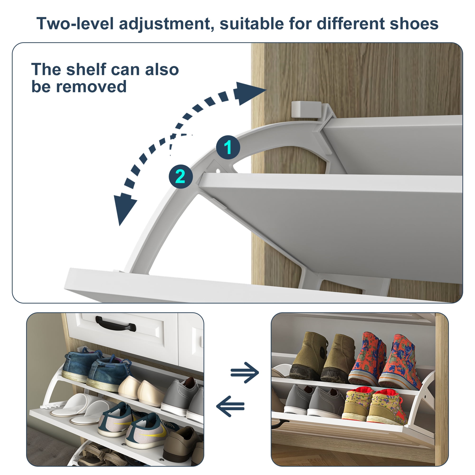 Kadyn Shoe Rack with 3 Doors, Shoe Organizer, White & Oak Shoe Cabinet with 2 Drawers, Shoe Storage Cabinet for Living Room, Hallway, Entryway