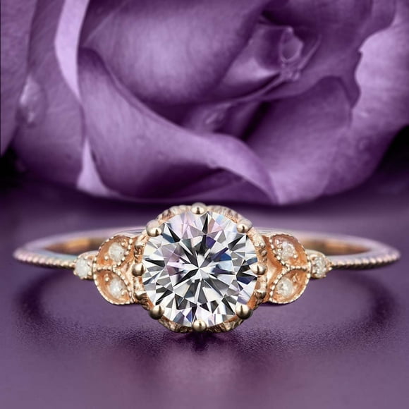 Beautiful 1.25 Carat Round Cut Diamond Moissanite Floral Engagement Ring, Antique Wedding Ring in 925 Sterling Silver With 18k Rose Gold Plating, Gift For Her In Festival Time