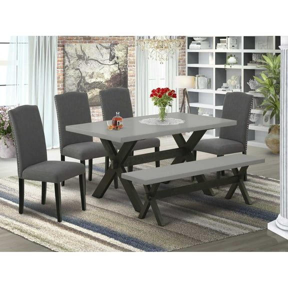East West Furniture X696EN120-6 6-Pc Dining Table Set - 4 Dining Chairs, a Modern Bench Cement Top and 1 Modern Cement Dining Table Top - Wire Brushed Black Finish