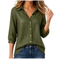 thumbnail image 4 of Yrmaups Loose Fit 3/4 Sleeve Button Down Blouse for Women, Casual Cotton Linen Collared Top, Soft Breathable Tee for Fall Winter Office Daily Wear, Army Green XL, 4 of 6