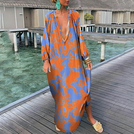 

Zedker Dresses for Women 2022 Party Fall Dresses for Women 2022 Wedding Guest With Pockets Fashion Autumn and Winter Women Sexy Long Sleeve Printed V Neck Long Dresses